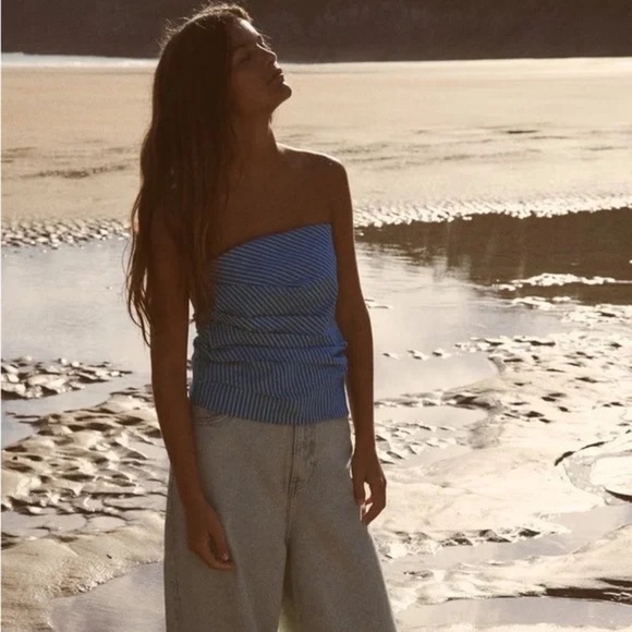 ZARA Blue and White Striped tube top - strapless size small. - Picture 2 of 9